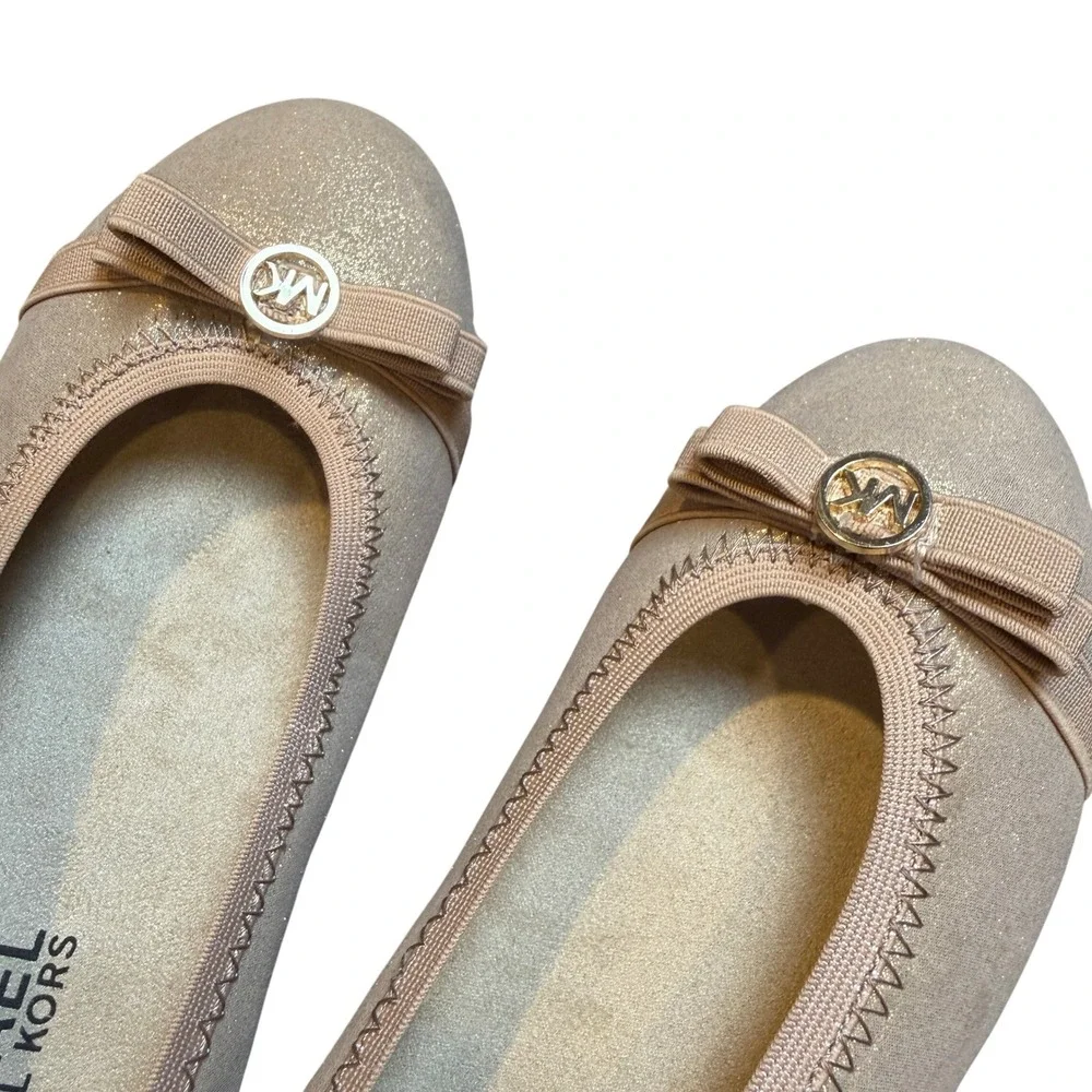Michael Kors Girls Rover Lux‎ 2 Gold Glitter Ballet Flat Bow Logo Dress Shoes
